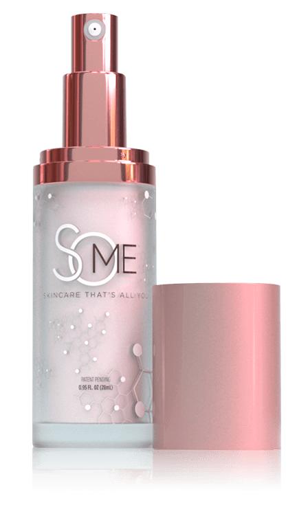 Rose gold SoME™ Skincare bottle with patent-pending technology for skin rejuvenation.